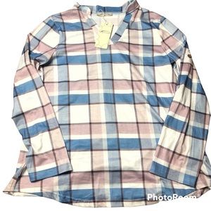 Ladies Medium Top Long Sleeve NWT Blue White Purple Pullover V-Neck Curved Hem